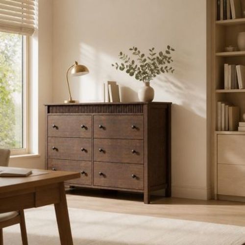 GustoWave Fluted Dresser for Bedroom, 6 Drawer Wide Wood Chest of Drawers with Deep Drawers, 47.2 in, Brownish Red, Wood Dresser TV Stand