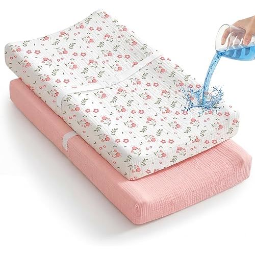 2 Pack Waterproof Muslin Changing Pad Cover with Safety Strap Hole, TPU Leakproof Protection Soft Muslin Baby Changing Table Covers for Boys & Girls, Fits 32" x 16" Changing Pad,Pink Blossom