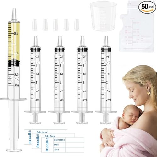 Colostrum Collector Kit Include 50pcs 3ml Sealed Breast Milk Collector No Needle Colostrum Syringes 5 Breastmilk Storage Bags and 1 piece 30 ml measuring cup with 50 Stickers