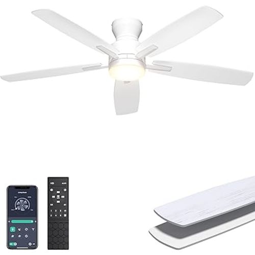 Ohniyou Ceiling Fans with Lights, 52'' Low Profile Ceiling Fan with Light and Remote/APP Control, Modern Flush Mount Ceiling Fan for Indoor Bedroom Living Room, Dimmable, Qiuet DC Motor, White