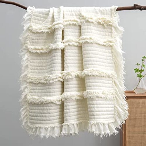 Pre-Washed Ultra Soft Quilted Cream King Size Blankets for Bed, Ruffle Fringed Chic Boho Decorative Throw, Stone Washed Blanket for Sofa Couch Bed 104"x90"