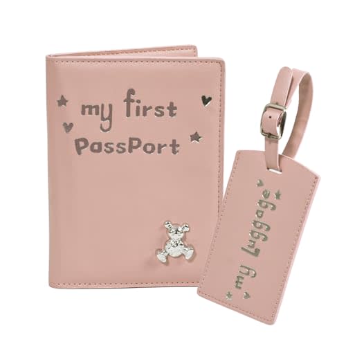 Baby Passport Cover with Travel Luggage Tag, Pink, Girls Boys | My First Passport Holder, Bear Design, Airplane Travel Essentials, Trip Favor Gifts
