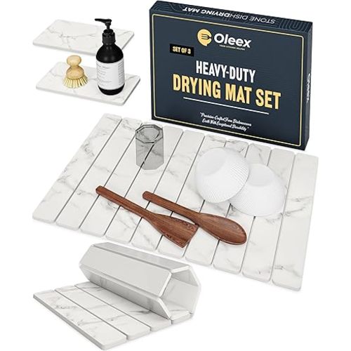 Oleex 3-Pack Stone Dish Drying Mat Set Includes 1 Large 24”x16” & 2 Small 4”x9” for Kitchen Counter-Collapsible Diatomaceous Earth Pad Absorbs Water & Dries Dishes Fast, Non-slip, Odor-Resistant Mats
