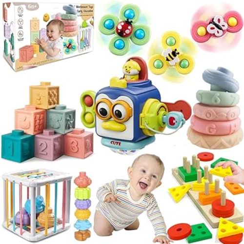 Baby Toys 6-12 Months, Montessori Toys for Toddlers 1-3 Year Old, Busy Cube Teether Infants Bath 6 in 1 Stacking Blocks Rings, Suction Cup Spinner, Shape Bin Sensory (0035)