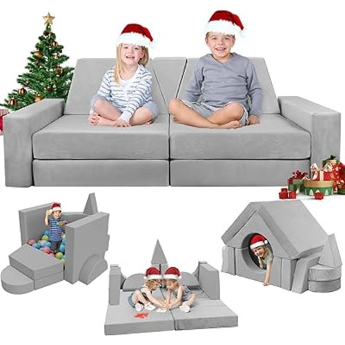 YEFU 15pcs Modular Kids Play Couch, Kids Couch for Toddler & Children, Toddler couches, Kid Couches Fort Building kit for Playroom Furniture, Kid Play Couches, Convertible Sofa for Boys & Girls, Grey