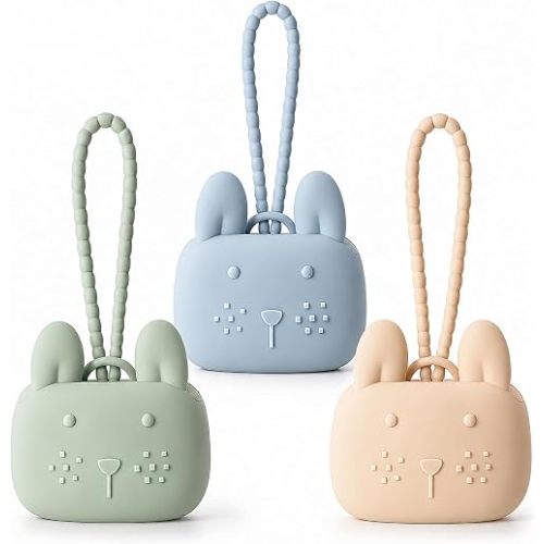 ROCCED Pacifier Holder Case Silicone Bunny Design Pacifiers Pouch with Soft Silicone Strap, Travel Storage for Stroller & Diaper Bag, Pacifier Holder Pouch for Baby, Set of 3 Beige Dusty Green Blue