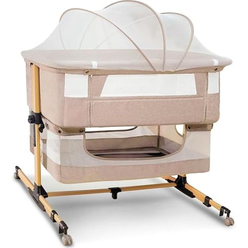 Baby Bassinet, 3 in 1 Bedside Sleeper with Mattress and Mesh Sides, Mosquito Net, Storage Basket, with Rocking Function, 5-Height Adjustable, Easy Assemble Crib for Newborn, Pink