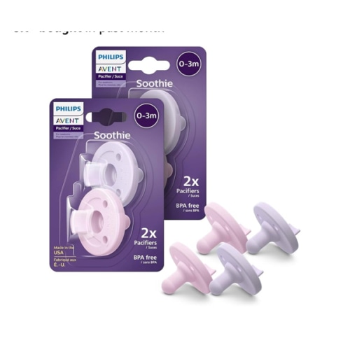 Philips Avent Soothie Orthodontic Baby Pacifiers, 100% Silicone Pacifiers, One Piece, BPA-Free, for Babies 0-3 Months, 2 Lilac and 2 Pink, 4 Pack, Model SCF190/70