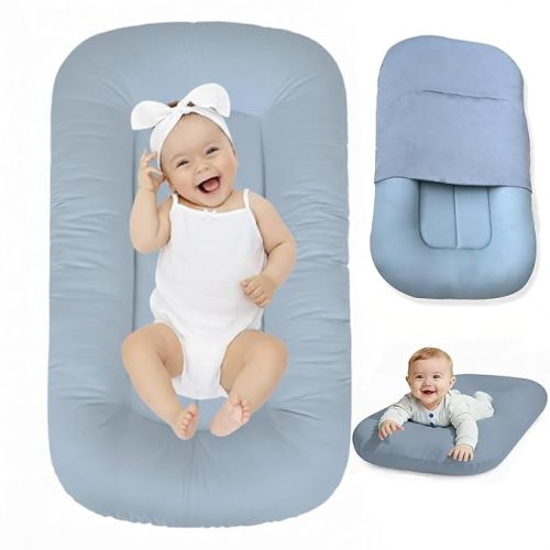 Baby Lounger 0-24 Months,Bionic Design Infant Lounger for Home and Travel with Cover,Breathable Baby Nest Waffle Fabric & 3D Support Newborn Babies Essentials Gifts,Light Blue