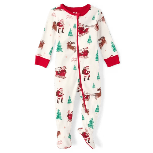 Baby Matching Family Santa Sleigh Snug Fit Cotton Footed One Piece Pajamas - white