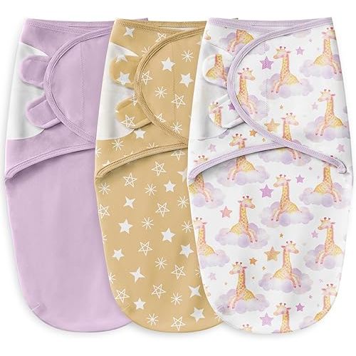 Unnivoll Baby Swaddles for Newborns 100% Cotton Newborn Swaddle Sack 3 Pack Baby Swaddles 0-3 Months Swaddle Sleep Sack for Newborn Baby Boy Girl Purple Clouds & Yellow Giraffe