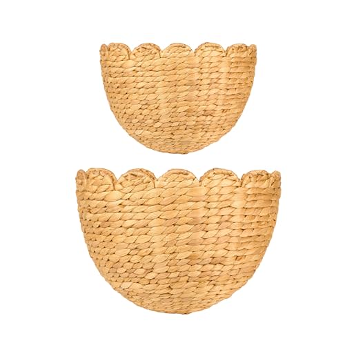 LUSYDECO Set of 2 Scalloped Wicker Wall Storage Basket, Woven Boho Wall Decor Basket, Wall Hanging Baskets for Home, Bathroom, Kitchen, Living Room (15"x11"x7" & 12"x10"x6")