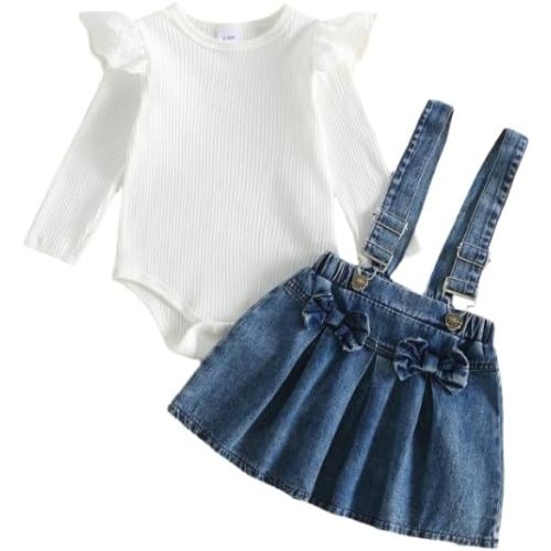 Infant Girl Denim Outfit Lace Trim Fly Sleeve Ribbed Romper and Suspender Skirts Set Newborn Baby 2Pcs Summer Clothes