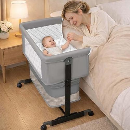 Baby Bassinet Bedside Sleeper with Wheels & Storage Basket and Bag, Grey