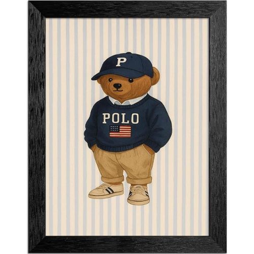 12X18 Inch Black Frames Preppy Bear Canvas Wall Art, Vintage College Poster, Retro Polo Mascot Print, Classic Campus Wall Decor For Bedroom Living Room Playroom Office