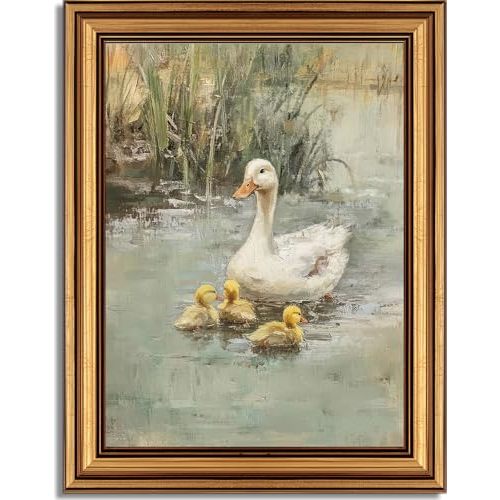Vintage Gold Framed Canvas Wall Art Ducks Poster Artwork Country Animal Print Picture Farmhouse Nature Pond Painting Wall Decor for Living Room Bedroom Study Room Home Decoration 9x11in
