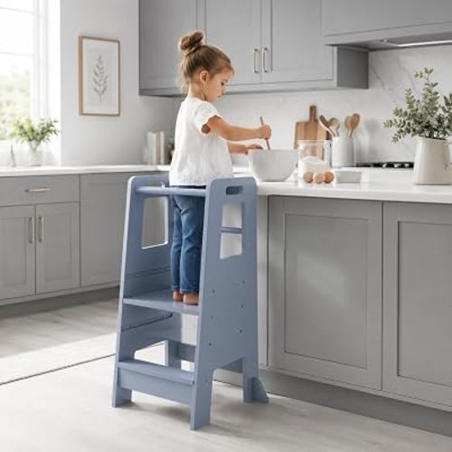 Toddler Kitchen Step Stool, 3-Level Adjustable Wooden Standing Helper with Guardrail, Kids Kitchen Stool for Cooking & Bathroom, Grey