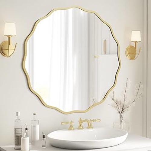 WallBeyond Round Wavy Mirror for Wall Decorative 28 inch, Modern Round Mirror Aluminum Frame for Bathroom Bedroom Living Room Home House Office Entryway, Gold