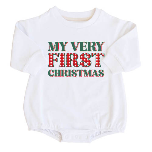 Very First Christmas Sweatshirt Bubble Romper | White