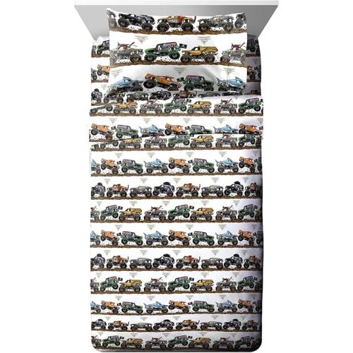 Jay Franco Kids Sheet Set with Fitted, Flat Sheets & Pillow Cover - Ultra-Soft Bedding with Pillowcase for Room Decor, Multi - Monster Jam, 3 Piece Twin