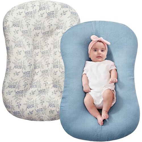 FUNUPUP Muslin Baby Lounger Cover Compatible with Snuggle Me Lounger, Infant Pillow Cover for Newborn, Removable Nest Slipcover for Boys and Girls, Only Cover, Blueberries & Blue