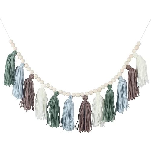 Tassel Garland with Wood Beads Boho Cotton Tassel Banner Wall Hangings Decor，Birthday Christmas Party Decor,Bedroom, Nursery, Play Room, Dorm Room, Baby Shower, Classroom School Party Room Decor