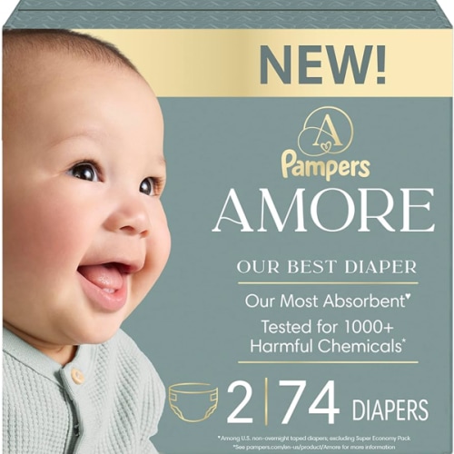 Pampers Amore, Size 2 (10-22 lbs), 74 Count, Our Best Diaper – Hypoallergenic & Fragrance Free, Up to 100% Leakproof, Soft as Cashmere