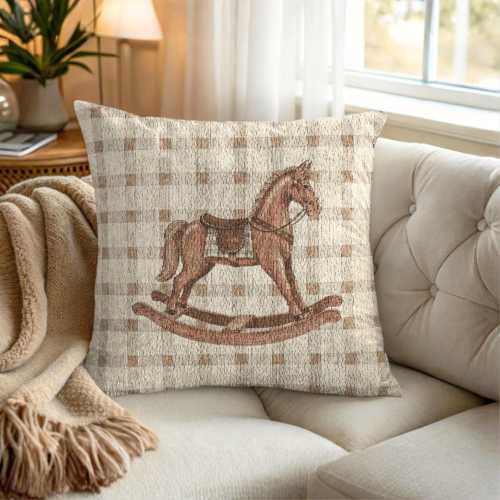Tapestry Pillow Rocking Horse Baby traditional Nursery Decor Vintage Natural Plaid