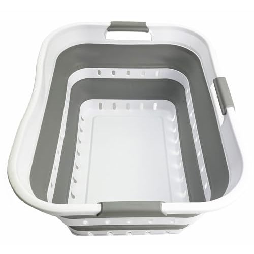 SAMMART 42L (11 gallon) Collapsible Plastic Laundry Basket - Foldable Pop Up Storage Container/Organizer - Space Saving Hamper/Basket (1, Grey/White)