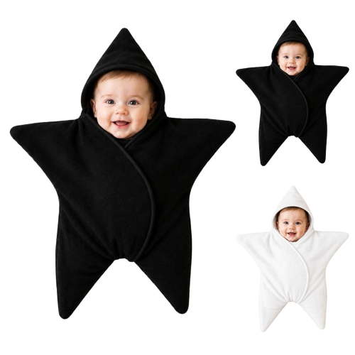 Loyni Star Shape Newborn Swaddle Sleep Sack Unisex Infant Coral Fleece Wearable Blanket Hooded Wrap Swaddle Soft Cozy Baby Sleeping Bag 0-3 Months Black
