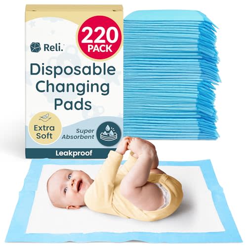 Reli. Disposable Changing Pads for Baby (220 Pack) | Disposable Diaper Changing Pads, 13" x 18" | Super Absorbent, Leak-Proof Liners | Waterproof, Quick Dry Underpads (Blue/White)
