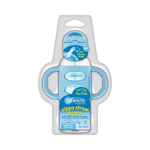 Dr. Brown's Milestones Narrow Sippy Straw Bottle, 100% Silicone Handles, 8oz/250ml, Blue, 1 Pack