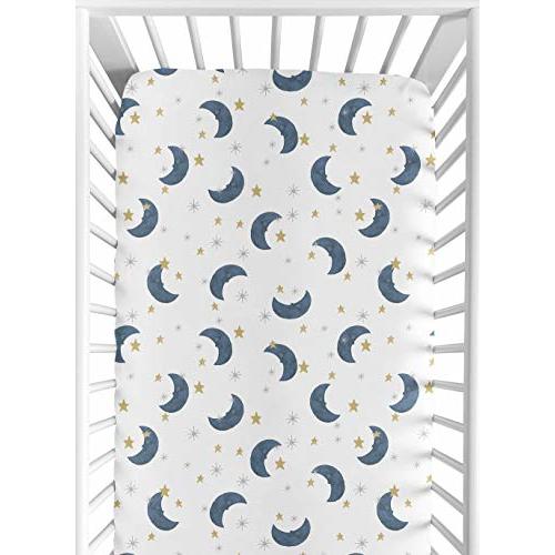 Sweet Jojo Designs Moon and Star Boy or Girl Fitted Crib Sheet Baby or Toddler Bed Nursery - Navy Blue and Gold Watercolor Celestial Sky