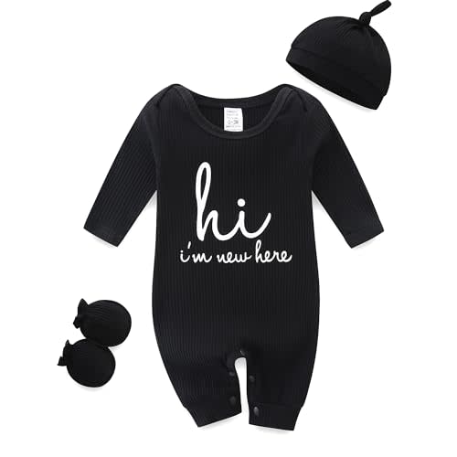 Baby Romper with Baby Mittens & Newborn Hats Footless Long Sleeve Solid Onesie Hi Im New Here