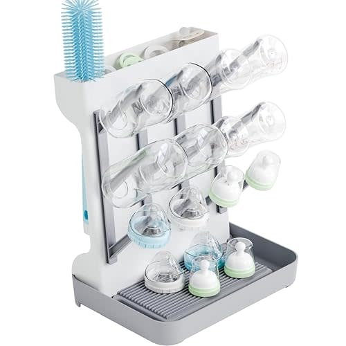 SuoXing Vertical Baby Bottle Drying Rack,Space Saving Countertop Baby Drying Rack for Bottles,Large Baby Bottle Station Stand,Bottle Rack Dryer for Brushes,Pacifiers,Baby Accessories Organizer,Grey