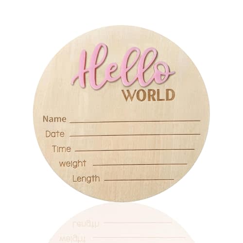 Baby Announcement Sign - 5.9 Inch Wooden Hello World Newborn Sign, Birth Announcement, Baby Shower Hospital Nursery for Newborn Boys and Girls (Pink)