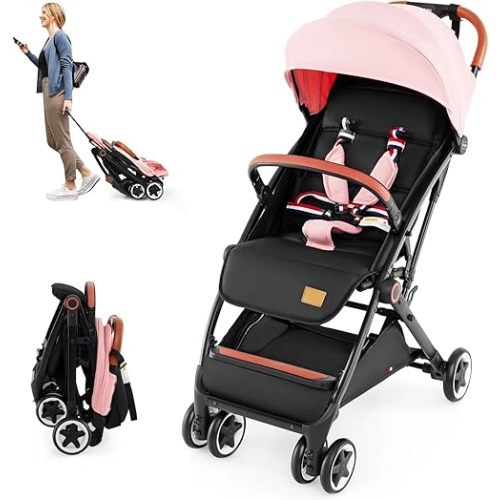 HONEY JOY Travel Stroller, One-Hand Quick Fold Lightweight Umbrella Stroller for Airplane, Wrist Wrap & Net, Multi-Position Recline, Overhead Friendly Compact Stroller for Newborn and Toddler(Pink)