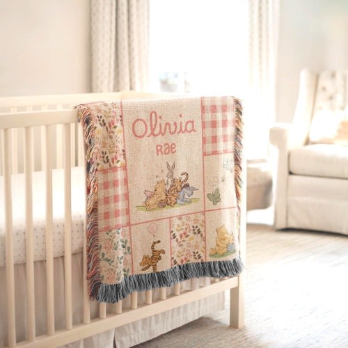 Personalized Winnie the Pooh Woven Baby Girl Blanket, Custom Baby Blanket with name, Classic Pooh Nursery Decor, Newborn Name Blanket