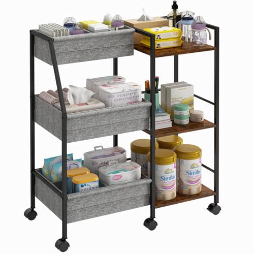 Marbyraz Baby Diaper Caddy Organizer Cart, 3-Tier Rolling Wheels Cart with Dividers and Shelves, Bedside Utility Cart for Nursery Essentials, Large Capacity Mobile Storage Cart for Crib, Bedroom