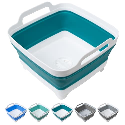 Tiawudi Dishpan for Washing Dishes, 2.4Gal/9L Wash Basin with Draining Plug Carry Handles, Collapsible Bucket for Cleaning, Portable Sink, Foldable Plastic Tub, 1PC