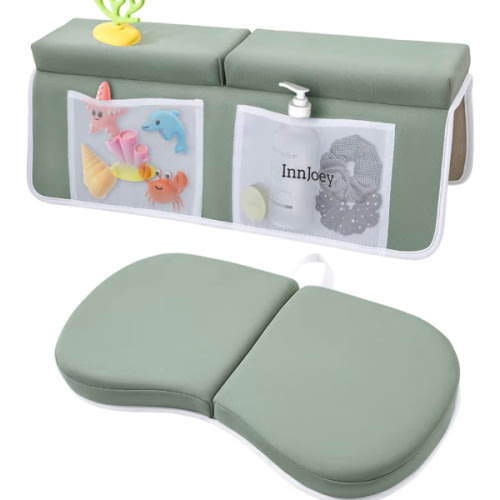 Kneeler and Elbow Rest Pad Set, 1.6'' Extra Thick Bath Support for Knees and Elbows, Memory Foam Bath Mat with Toy Organizer Pockets, Quick-Dry Kneeling Pad for Bathing Green