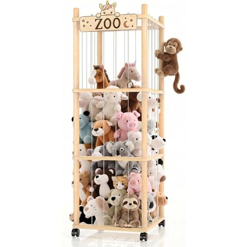 Stuffed Animal Storage Zoo Tower,56In Wooden Large Stuffed Animal Holder Organizer with Wheels,Stuffy Plushies Storage with Elastic Band&Mesh Bottom,Toy Storage Organizers for Playroom Bedroom Nursery