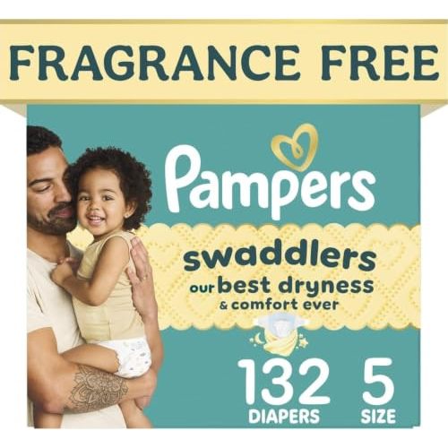 Pampers Swaddlers Diapers, Size 5 (20-37 lbs), 132 Count, Fragrance Free, Hypoallergenic, Absorbent, Pediatrician Recommended, Skin Safe