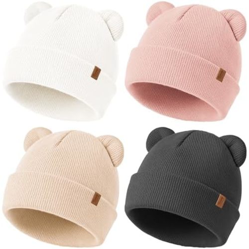 Konssy 4 Pack Baby Winter Hat with Bear Ears, Warm Rib Baby Knit Beanie for Newborns & Infants, Cozy Hat 0–6 Months