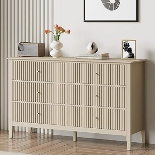 RoyalCraft Beige 6 Drawer Dresser, Fluted Modern Wood Chest of Drawers, Long Dresser for Bedroom TV Stand Storage Cabinet for Living Room
