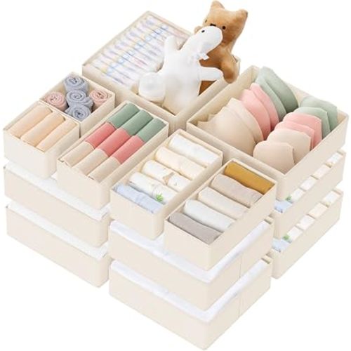 Drawer Organizer Clothes, 21 Pack Dresser Organizer for Baby Clothes, Underwear, Sock - Foldable Closet Organization and Storage Dividers Bins for Nursery, Bedroom (Beige)