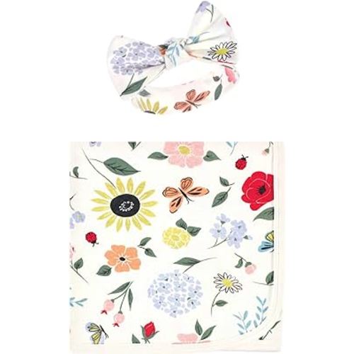 Touched by Nature Unisex Baby Organic Cotton Swaddle Blanket and Headband or Cap, Flutter Garden, One Size