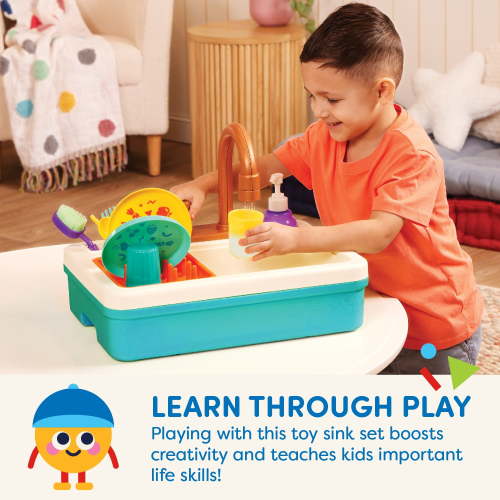 Battat Splash & Sparkle Sink Plastic Real Faucet and Magic Dishes, Toddler and Preschool Toys