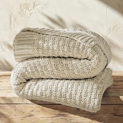EVERGRACEHOME Chunky Chenille Knit Throw Blanket, Birch, 60" x 80"