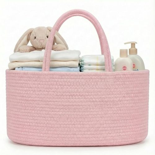 luxury little Diaper Caddy Organizer, Large Cotton Rope Nursery Baby Basket, Changing Table Organizer for Baby Diaper Storage, Portable Car Organizer Removable Divider (Light Pink, Large)